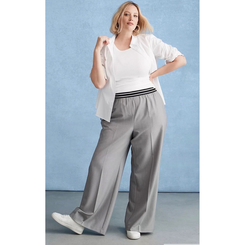 Lane Bryant Grey Wide Leg‎ Trousers Striped Elastic Waist Pants Plus Size